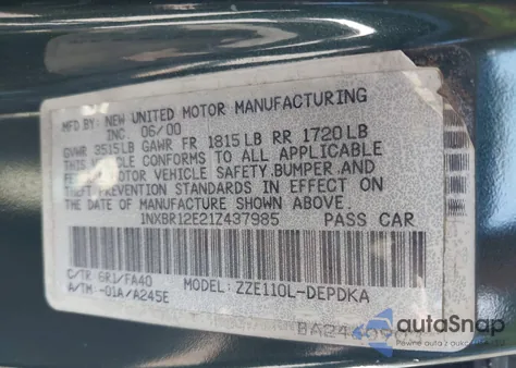 2001 Toyota Corolla Le z USA, uszkodzony, nr VIN 1NXBR12E21Z437985